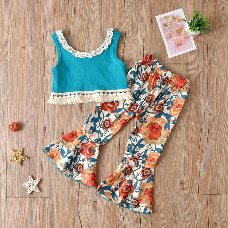 Wholesale Cotton Children's Solid Color Sleeveless Top Leopard Print Bell Bottoms Flower Print Two Piece Set